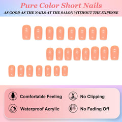 24Pcs Press on Nails Short, Square French False Nails Orange Glossy Pure Colour Fake Nails, Acrylic Stick on Nails with Glue Stickers, Removable Full Cover Glue-on Nails for Women Girls DIY Manicure