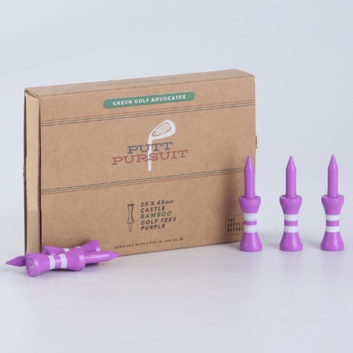 Putt Pursuit Bamboo 45mm Castle Golf Tees (Pack of 30) - Durable, Biodegradable & Sustainable Material - Consistent Ball Height & Reduced Friction - Professional Golfing Accessories - Purple