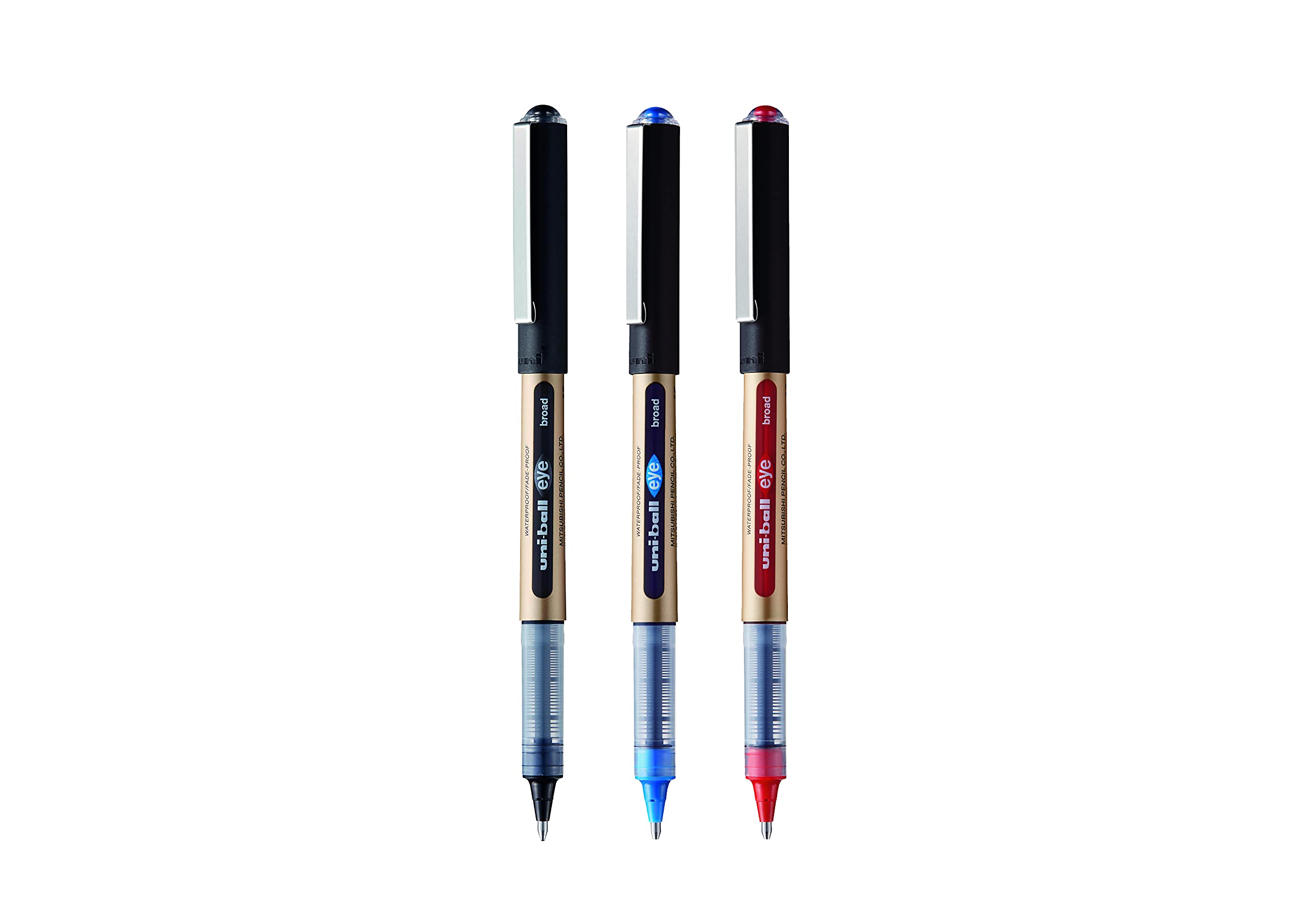 Uni-Ball UB-150-10 Eye On Point Stay Gold Broad Ballpoint Black, Blue and Red Pens. Premium 1.0mm Rollerball Tip for Super Smooth Handwriting. Fade and Water Resistant Liquid Uni Super Ink. Pack of 3