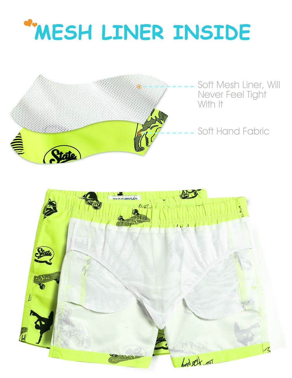 MaaMgic Little Boys' Swimming Shorts Beach Trunk Toddler Swim Shorts Boardshorts Lightweight Beach Shorts Adjustable Waist All Age,French Bulldog Fluorescent Green,14-16 Years