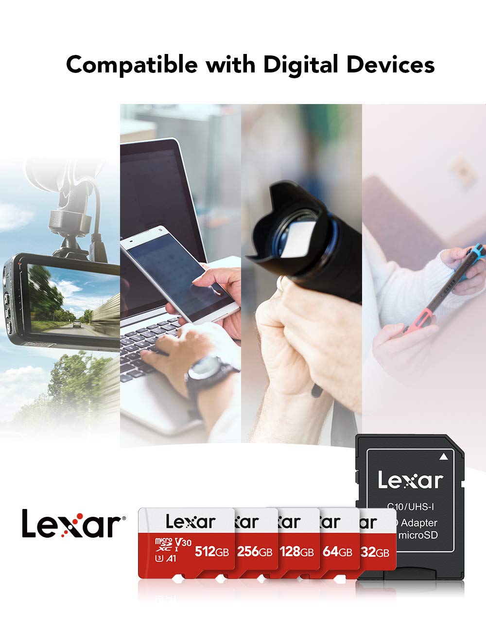 Lexar Micro SD Card Up to 100/30MB/s(R/W), 128G MicroSDXC Memory Card and SD Adapter with A1, C10, U3, V30, 4K Video Recording, TF Card