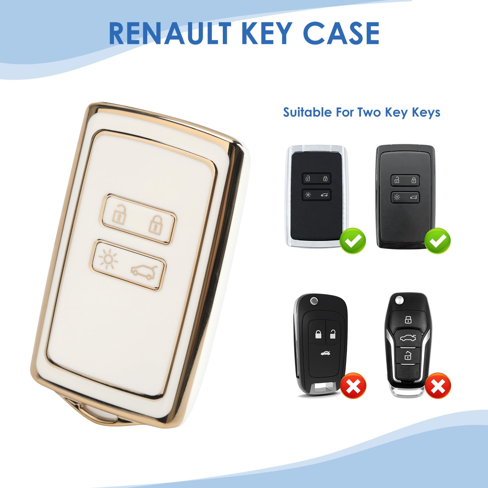 TPU Car Key Cover Shell, 4 Buttons Key Protection for Renault Clio Megane Koleos Kadjar Talisman Arkana Captur Espace Dacia Duster Keyless Smart Card Case Holder Protector with Keychain(White)