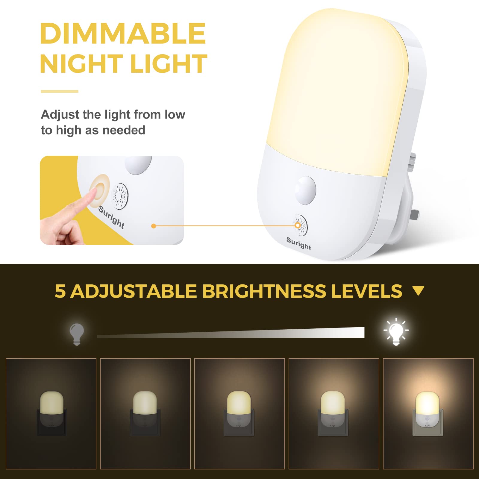 Suright Plug in Night Light with Dusk to Dawn Photocell Sensor, 2 Pack, with 5 Levels Brightness Adjustable, 3000K Warm White Night Light Kids for Bedroom, Hallway, Stairs, Nursery, 0.3 W