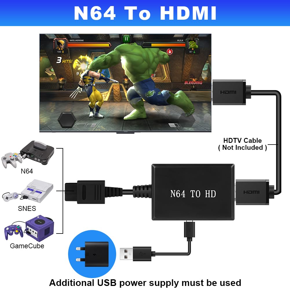 AXFEE N64 To HDMI Converter, HDMI Cable for Nintendo 64 N64, N64 to HDMI-Compatible Converter, Compatible with Nintendo 64/SNES/GameCube/SFC/NGC Console/HDTV/Monitor/Projector, 16:9 Aspect Ratio