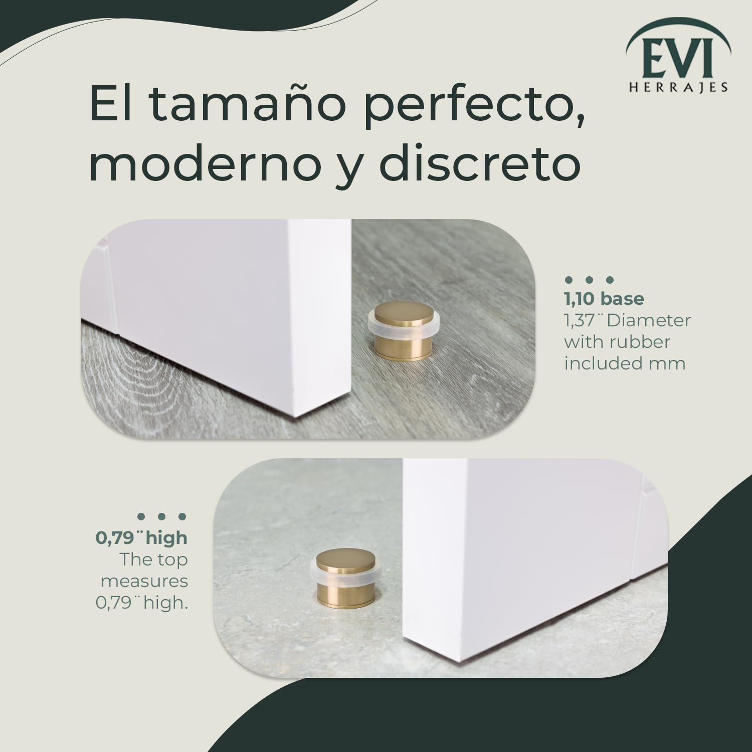 EVI Herrajes, Adhesive Door Stop with Threaded Base, Brass Matte, White Rubber, Ref.I-103/28-B-DUAL-LMT