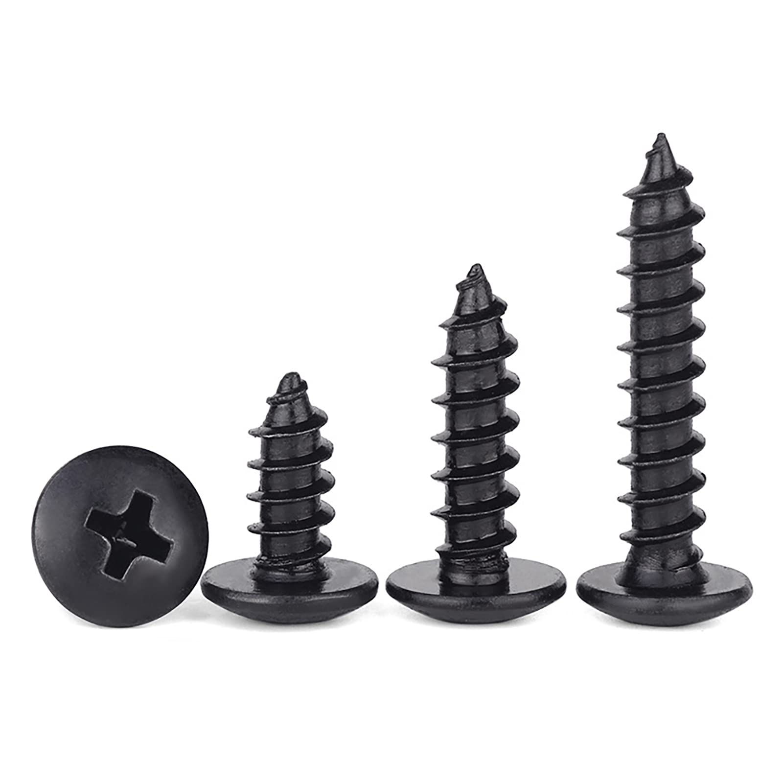 FandWay Phillips Round Head Self Tapping Screws, M3 x 8/10/12/16/20mm, Black Carbon Steel Mushroom Head Wood Screws, Truss Head Self Drilling Screws Assortment Set (25-Pieces/each)