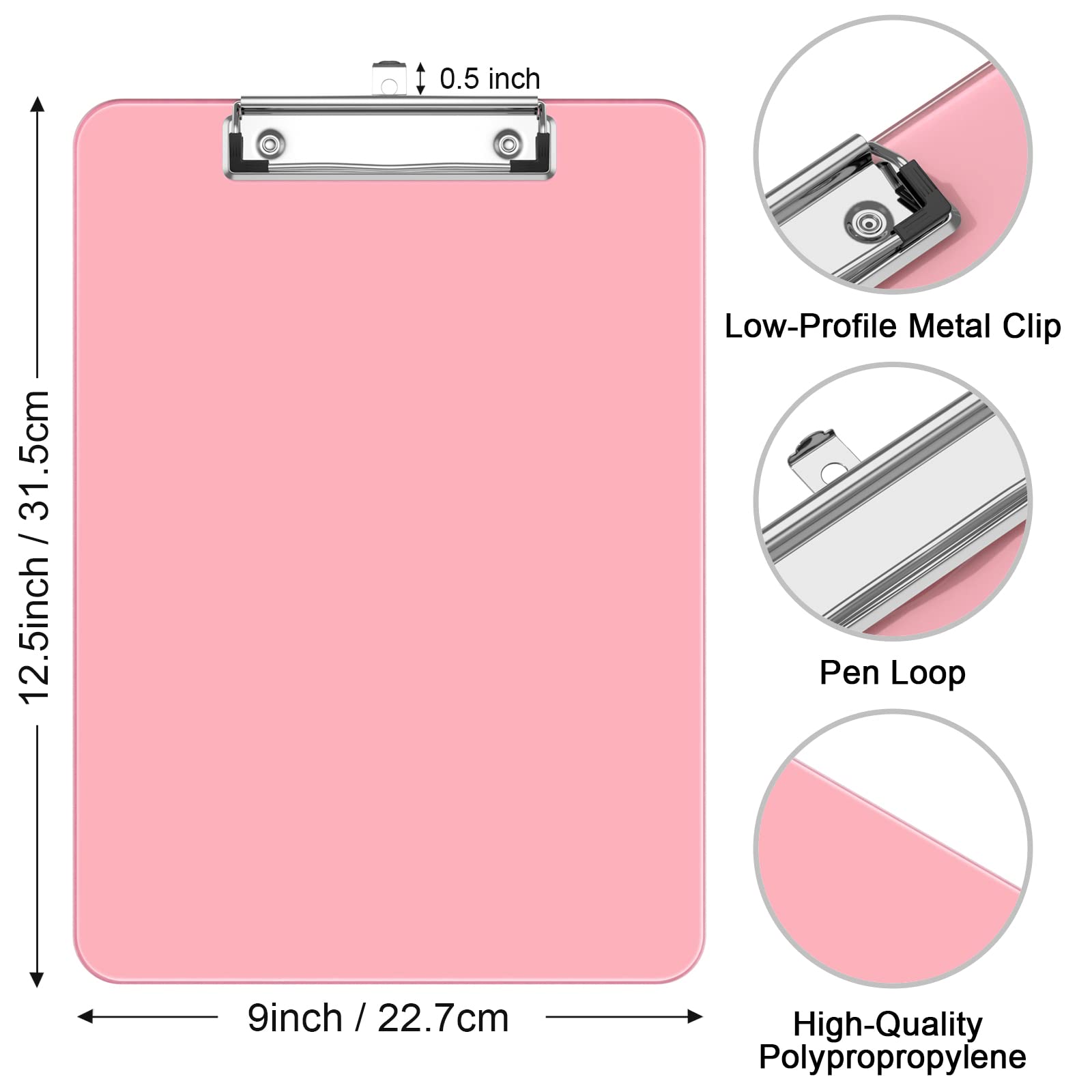 Hnogri Plastic Clipboards, Pink Clipboard Standard A4 Letter Size Clipboards for Students, Office Supply, Clip Board with Low Profile Clip, Size 12.5 x 9 Inch(Pink)