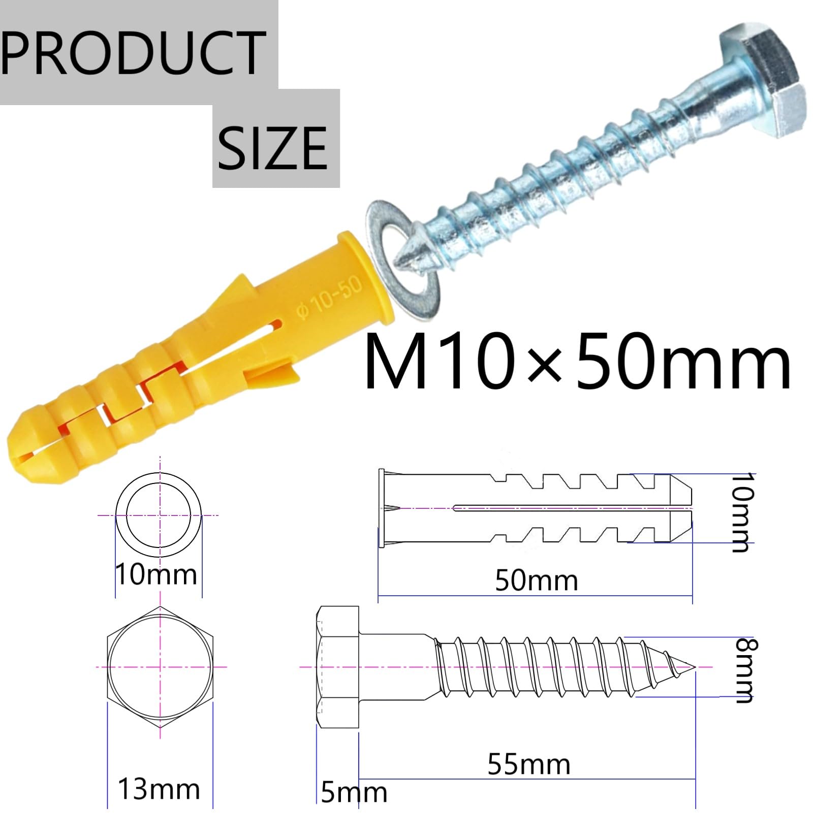 M10x50mm Heavy Duty Masonry Brick Wall Fixing plug and Coach Bolt Screw Zinc Plated and Washer,Strong Nylon Wall Plug Steel Bolt KIt for Tv Bracket Aerial Mast Sky Dishes Shelves Mounting (6)