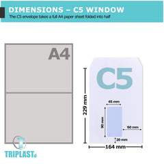 Triplast 20 x C5 Window Self Seal Security Envelopes (Size: 229x164mm)   Address Window, Self Sealing & Printer Safe Mailing Paper Envelopes   Ideal for Everyday Home, Office & Commercial Use,White