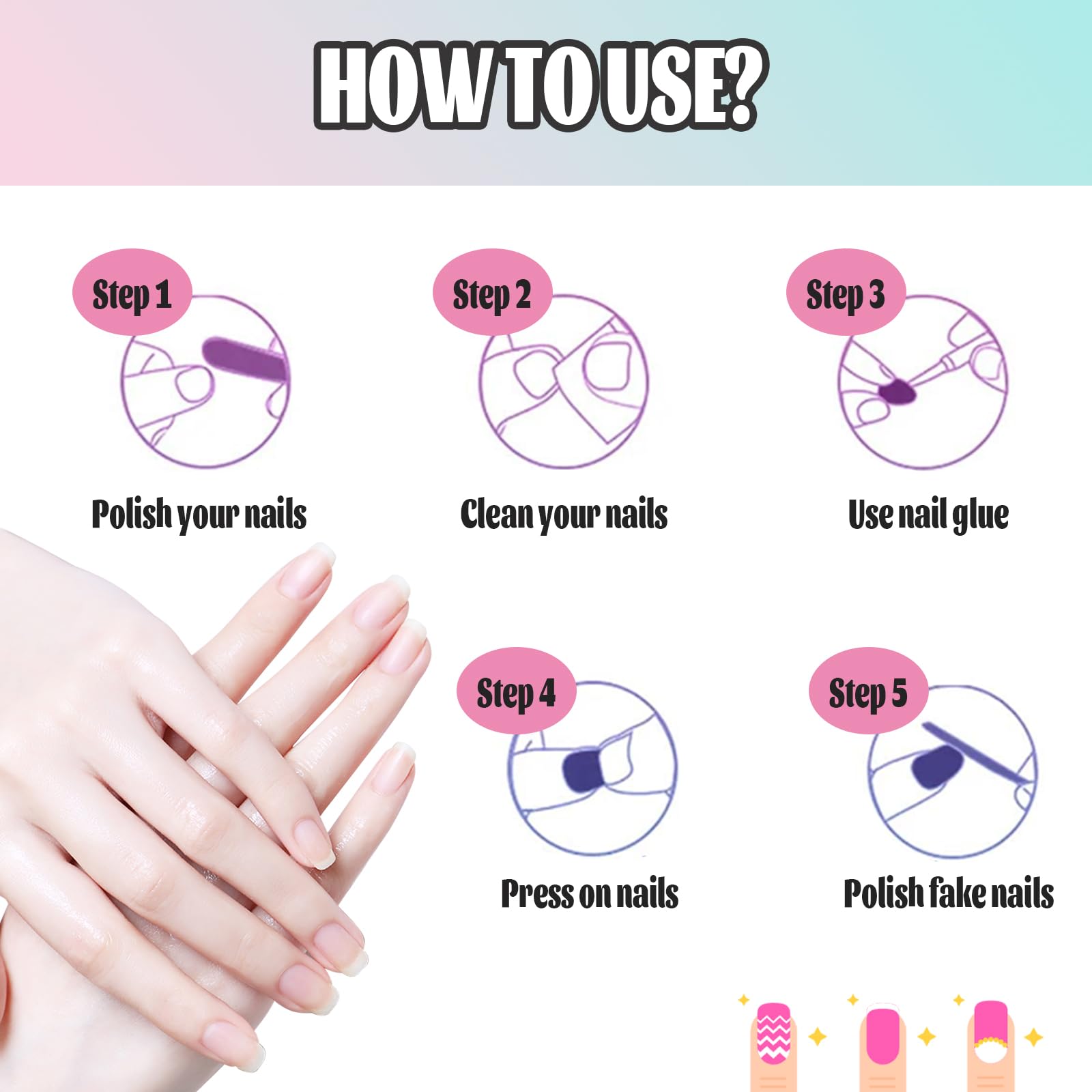 24pcs Short Square False French Tip False Nails Stick on Nails Glitter Press on Nails Removable Glue - on Fake Nails Acrylic Full Cover Nails Women Girls Nail Art Accessories (French White Edge)