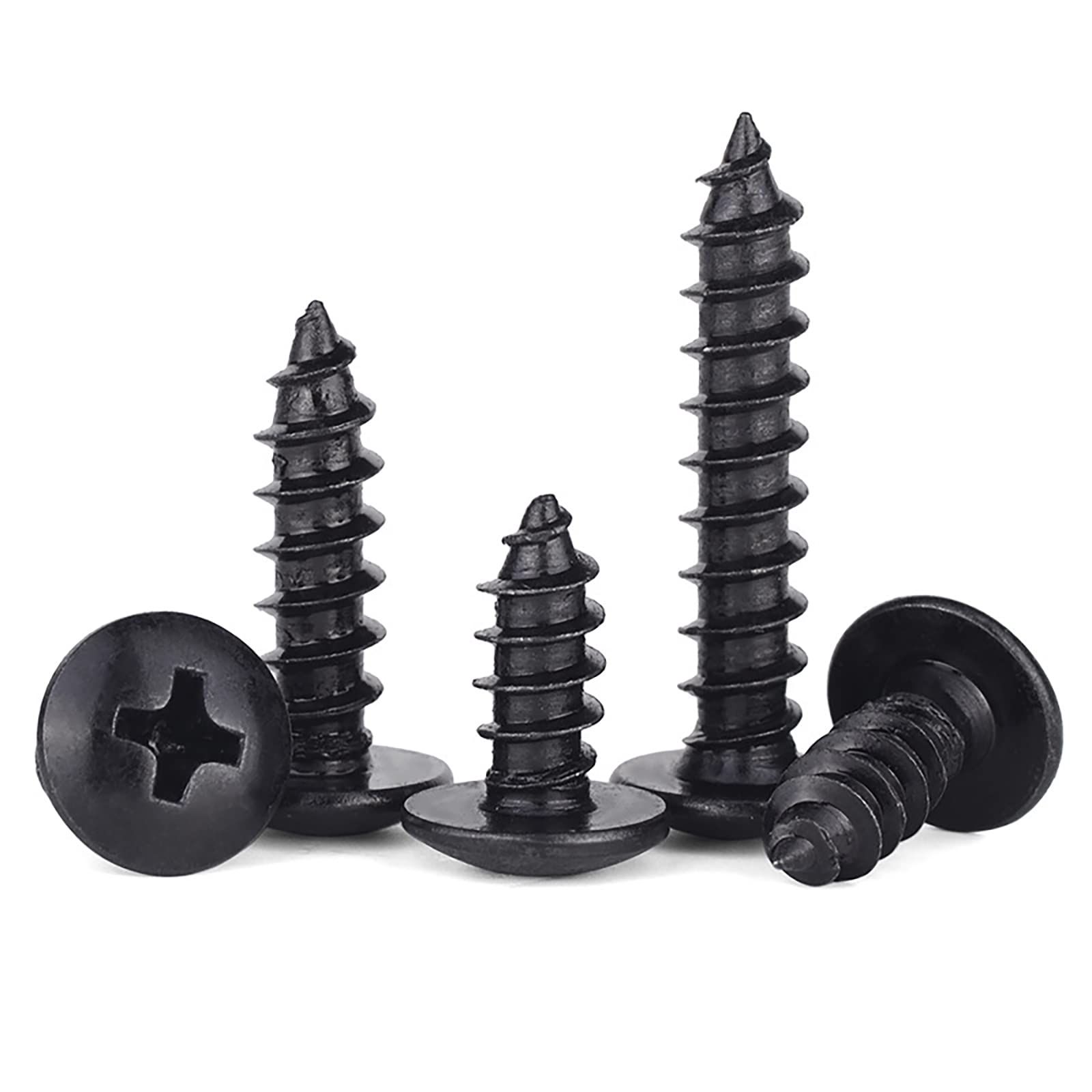 FandWay Phillips Round Head Self Tapping Screws, M3 x 8/10/12/16/20mm, Black Carbon Steel Mushroom Head Wood Screws, Truss Head Self Drilling Screws Assortment Set (25-Pieces/each)