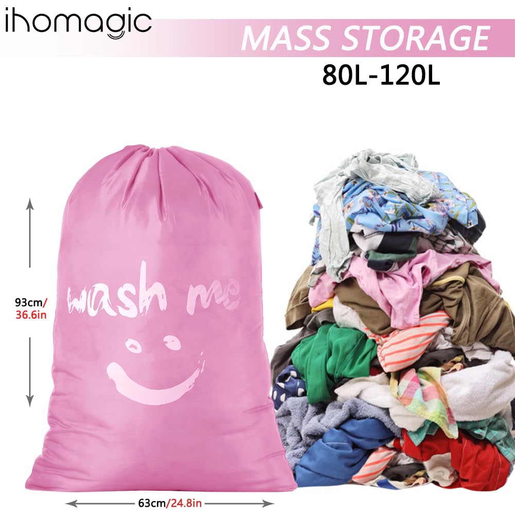 IHOMAGIC Set of 2 Laundry Bag, Extra Large 120L, Foldable Storage Bag with Drawstring Cord Lock Closure, Dirty Clothes Bags for Quilts, Sheets, Coats in Home Dormitory Travel, Smile Fabric Bag (Pink)