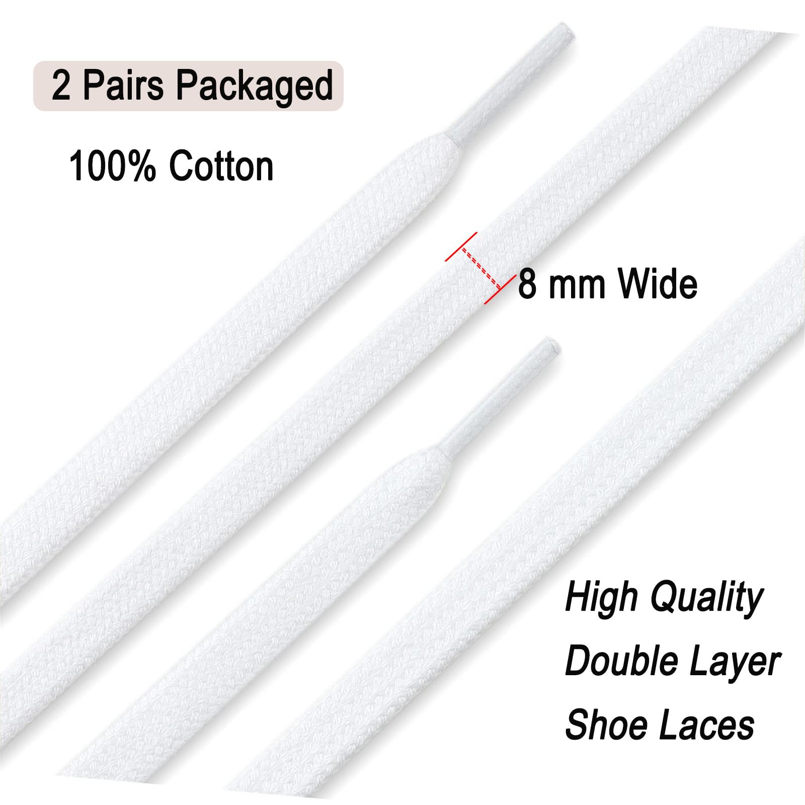 Stepace 2 Pairs 100% Cotton Flat Shoe Laces 5/16 inches Wide Shoelaces for Sneaker Running Athletic Shoes White 160