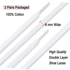 Stepace 2 Pairs 100% Cotton Flat Shoe Laces 5/16 inches Wide Shoelaces for Sneaker Running Athletic Shoes White 140