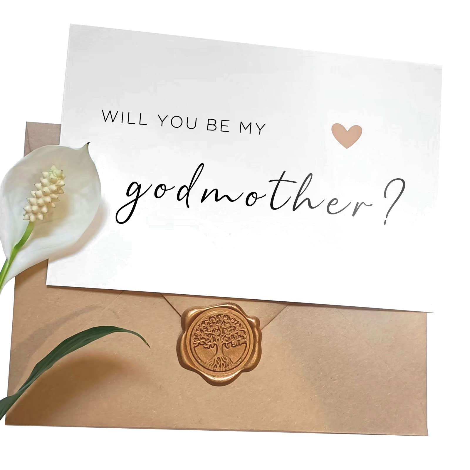 Will You Be My Godmother Card, Be My Godmother Card with Kraft Envelope and Wax Seal, Elegant Line Lettering Printed on Heavyweight Card Stock,Godmother Proposal Cards