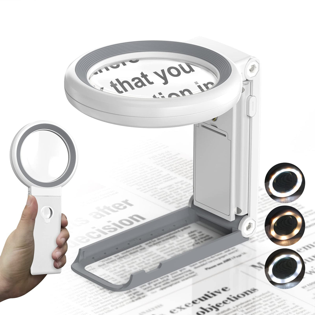 Magnifying Glass with Light and Stand, 30X 10X Foldable Reading Magnifier with 18 LED Light, Dimmable Large Glass Handheld Magnifier, Desk Magnifier for Seniors Jeweler Crafts Books Coins