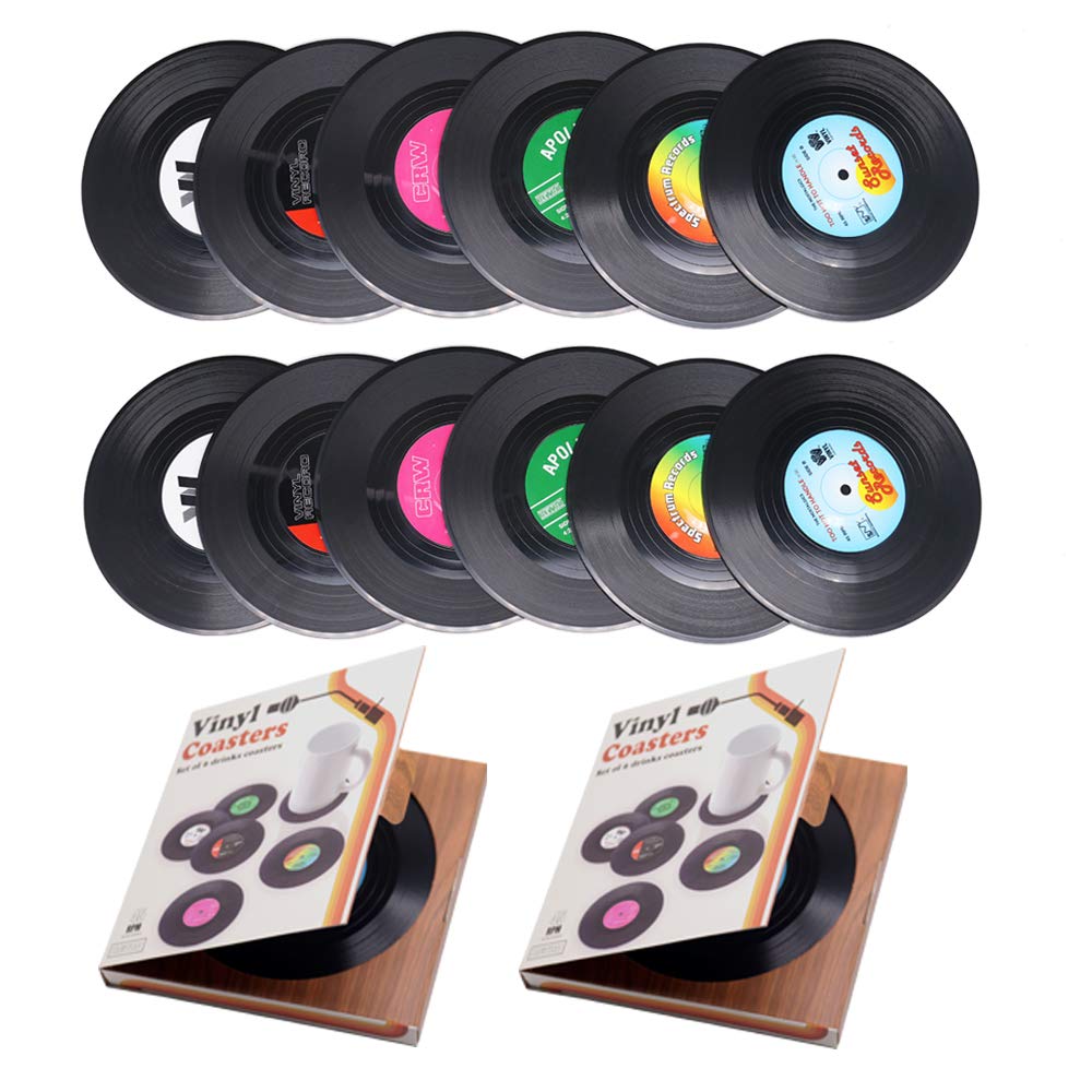 Personalised 12 PCS Retro CD Record Vinyl Anti-Heat/Slip Drinks Coasters for Coffee Tea Beer Mug Wine Glass BottleTabletop Protection from Water Marks & Damage Home and Bar