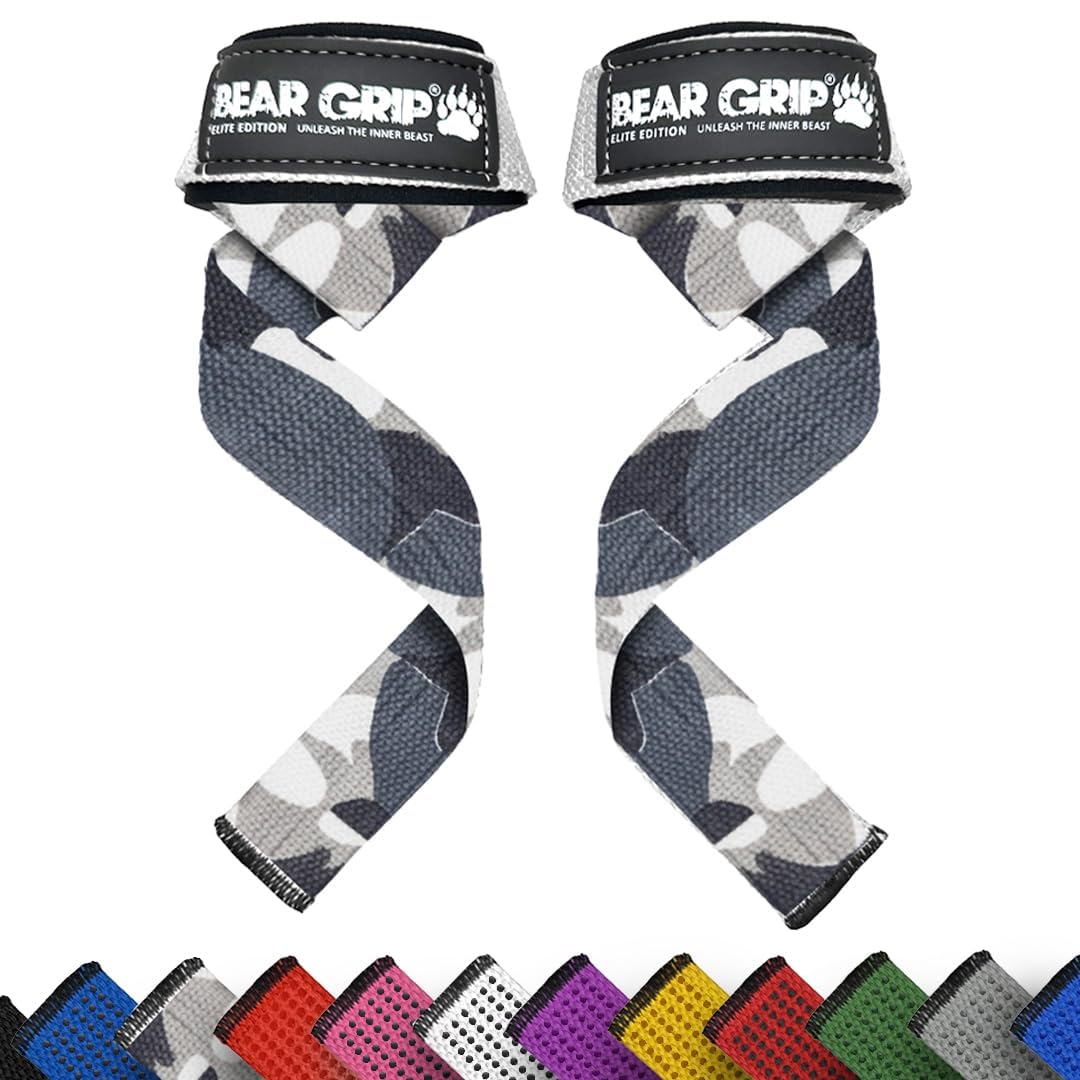 BEAR GRIP Straps - Premium Neoprene padded Heavy Duty double stitched weight lifting gym straps, Gel grip, 100% cotton, Extra long length (Camo)