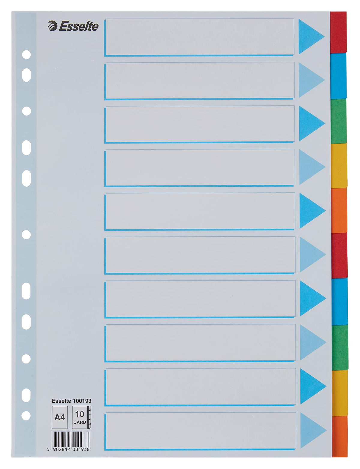 Esselte A4 Card File Dividers. 10 Parts Coloured Folder Dividers with identification front sheet, for Ring Binders and Lever Arch Files. Made from durable, recycled card