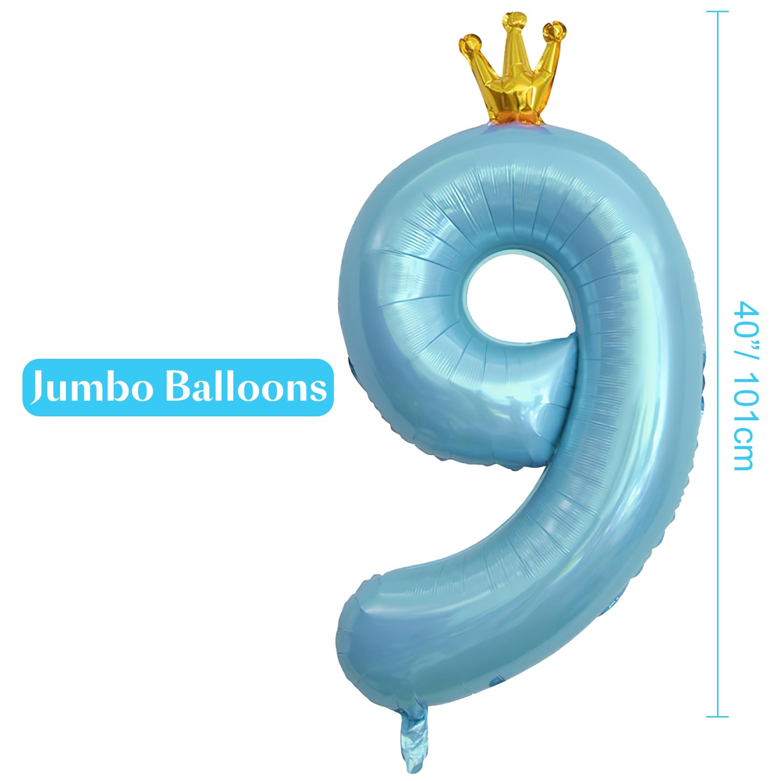 ASTARON Number 9 Balloon 40 Inch Number Balloons for Birthday Party Decorations， Blue 9th Birthday Balloons with Crown for Boys Birthday Decor Anniversary Decorations