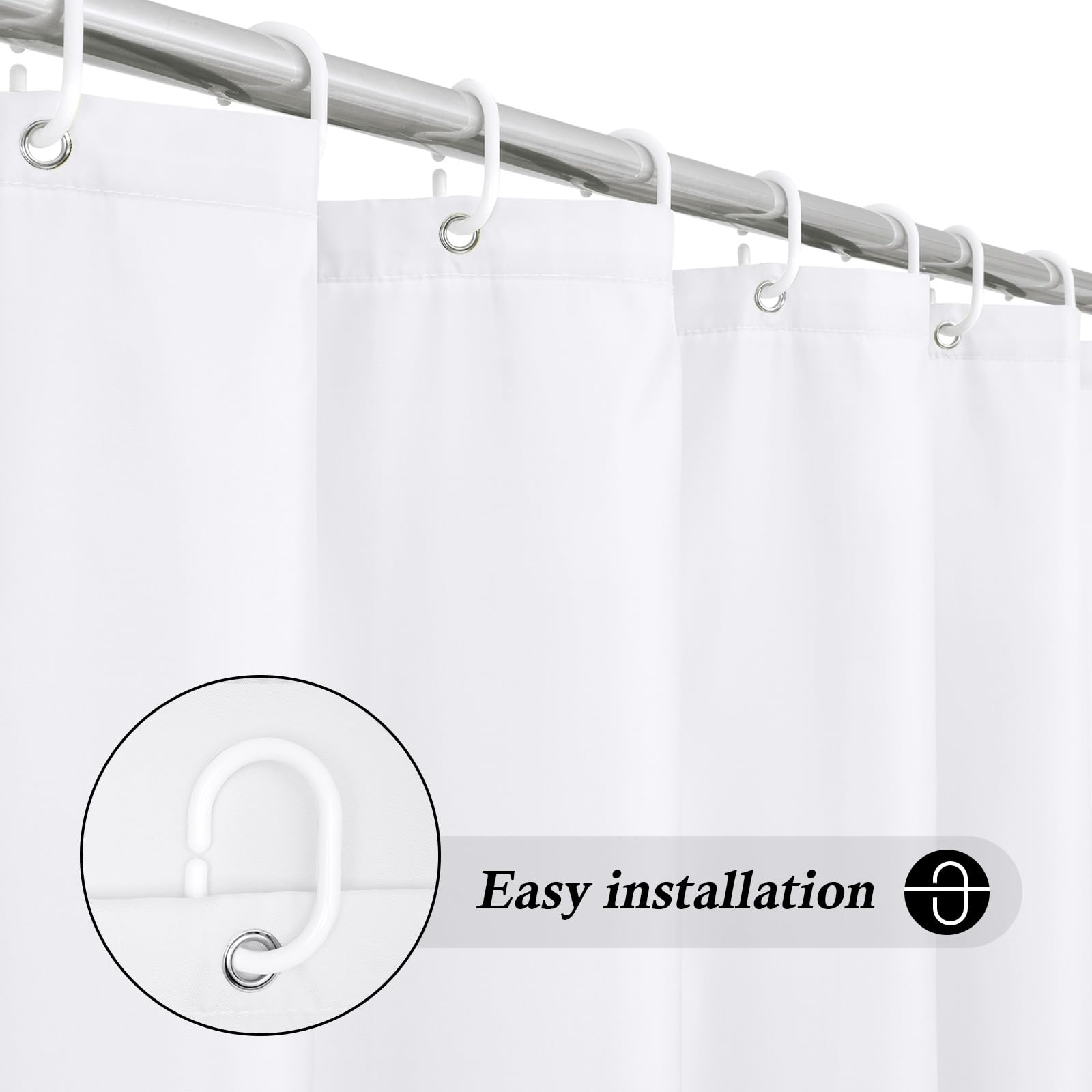 Short Shower Curtain 150cm Drop with 8 Free Hooks, Water repellent White Fabric Stall Shower Curtain 120 x 150 cm Long,Easy Clean Machine Washable