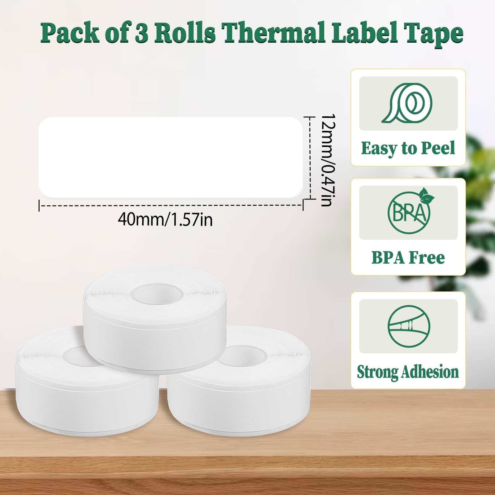 Giantree 3 Rolls Label Maker Tape, 12mm x 40mm Thermal Label Printing Paper Household Storage Labels Self-Adhesive Label Tape Compatible with D30 Portable Label Printer Tapes for Office (White)