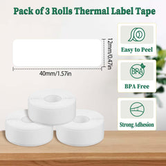 Giantree 3 Rolls Label Maker Tape, 12mm x 40mm Thermal Label Printing Paper Household Storage Labels Self-Adhesive Label Tape Compatible with D30 Portable Label Printer Tapes for Office (White)