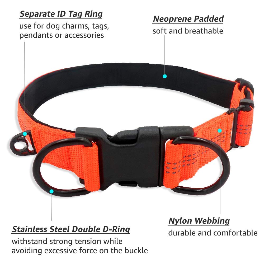 Beshine Adjustable Dog Collar, Reflective Nylon Neoprene with Separate ID Ring and Double D Ring, Durable and Comfortable Puppy Collar for Small Dogs(S, Orange)