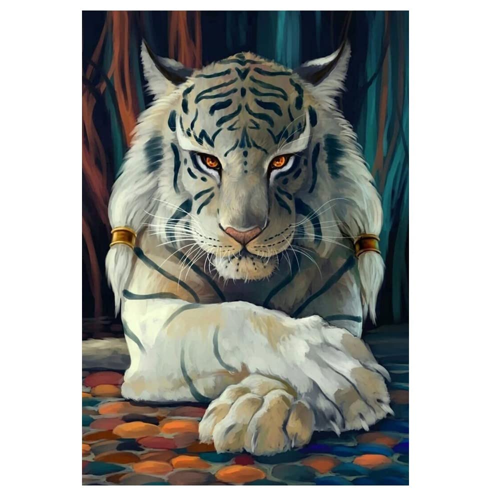 5D DIY Diamond Art Painting Kit Full Drill, Diamond Crystal Rhinestone Arts and Crafts Cross Stitch Embroidery Pictures Paintings by Numbers for Adults Kids Home Wall Decoration - White Tiger