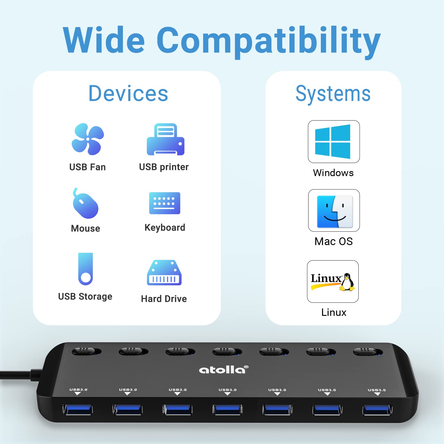 USB HUB, atolla 7-Port USB 3.0 Hub Slim USB Splitter with 3.82Ft Extended Cable and Individual LED Power Switches, Multi USB Port Extension Data Hub for PC, Laptop, MacBook, etc.