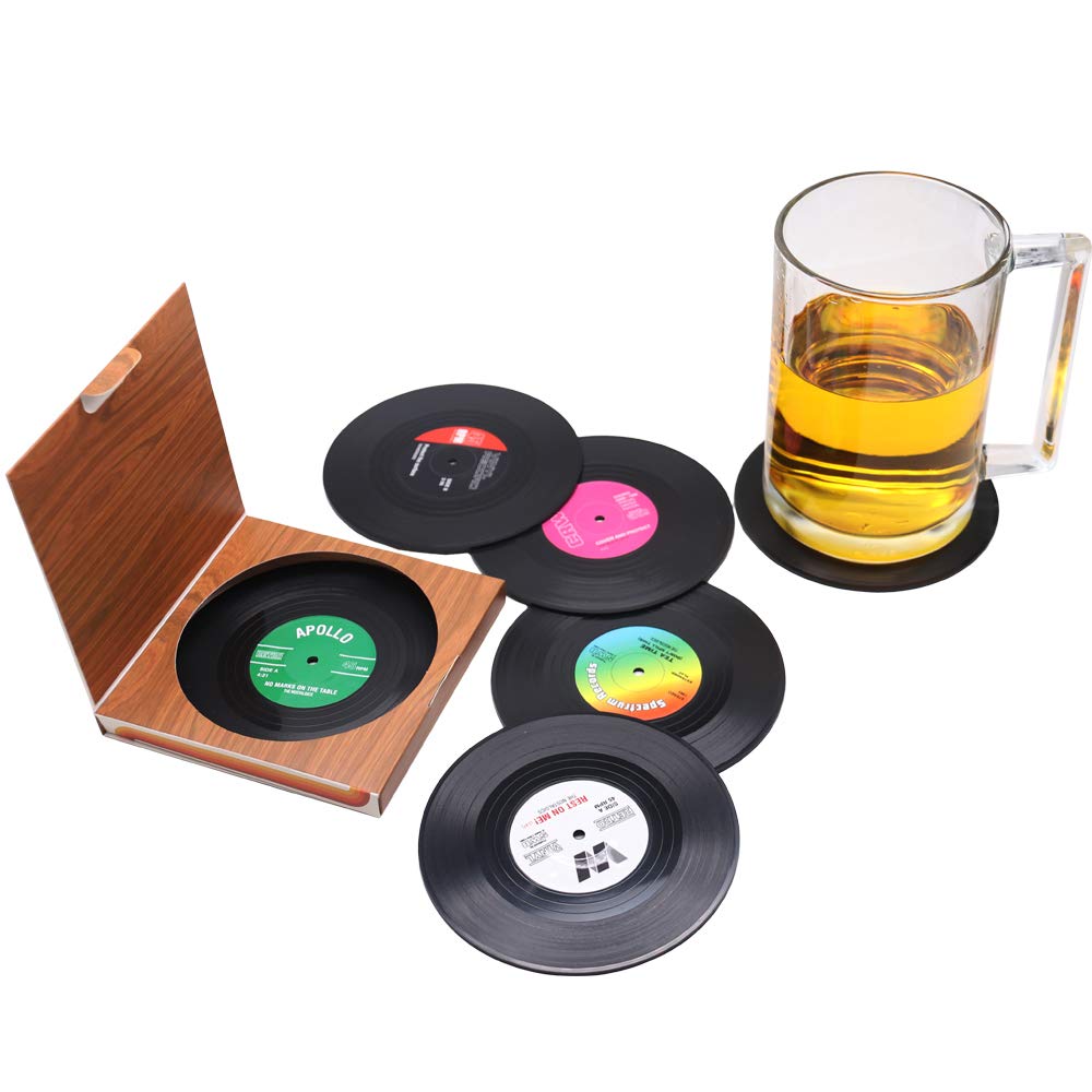 Personalised 12 PCS Retro CD Record Vinyl Anti-Heat/Slip Drinks Coasters for Coffee Tea Beer Mug Wine Glass BottleTabletop Protection from Water Marks & Damage Home and Bar