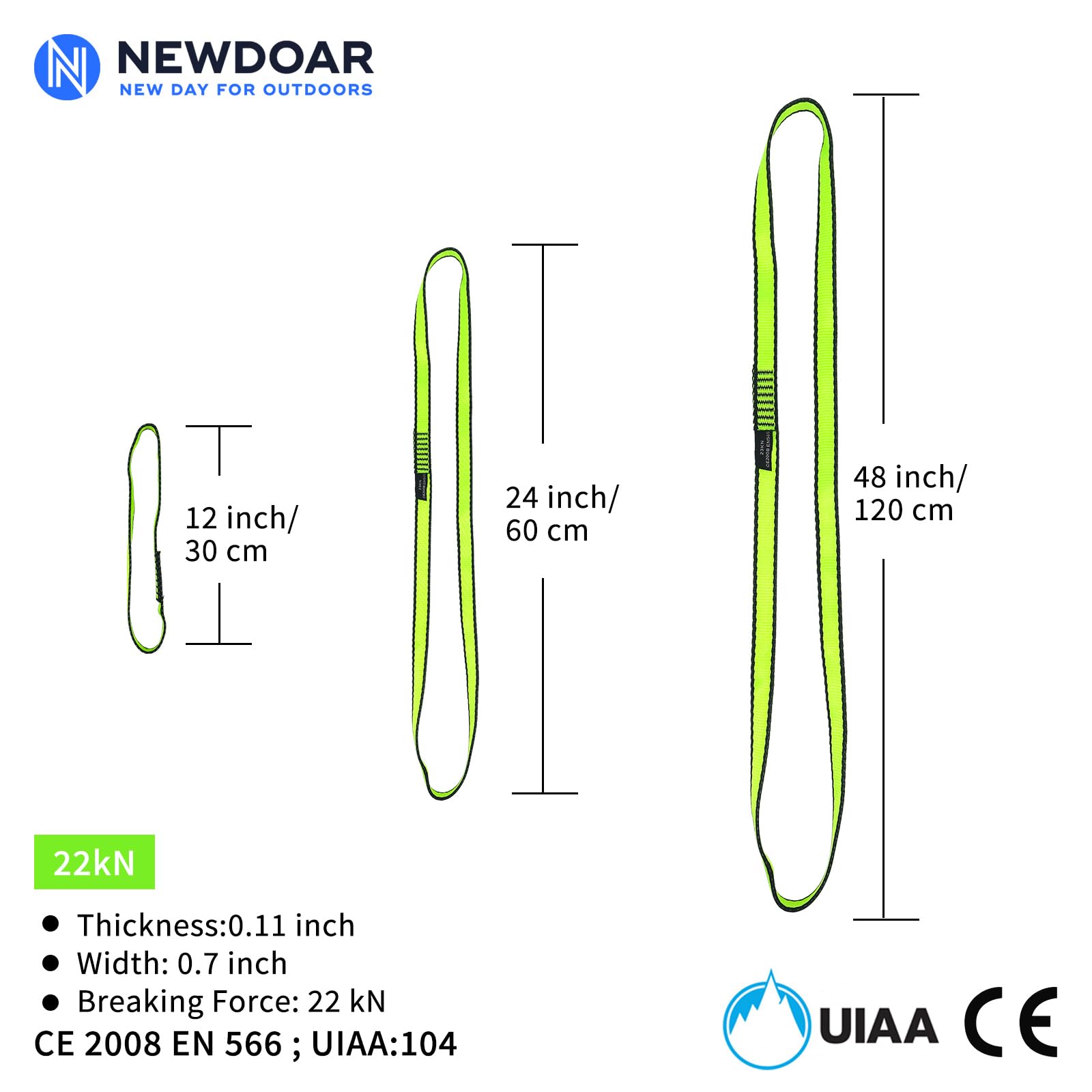 NewDoar CE & UIAA Certified Climbing Sling 16mm Nylon Sling Runners 22KN 4840LB Climbing Utility Cord Rock Climbing,Creating Anchors System,Rappelling Gear,Perfect for Tree Work-Green/24''(60cm) 1pcs