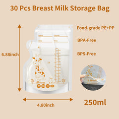 30 Pcs Breast Milk Storage Bag,250ml Easy Pour Milk Storage Bags,Self-Standing Breastfeeding Milk Collector, No-Leak Milk Pouch with Scale, BPA Free Milk Bag, Space Saving for Fridge Freezer Use