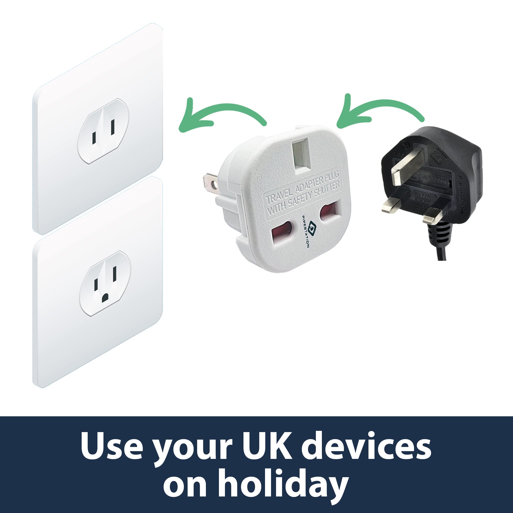 Pipestation UK to US Plug Adaptor x2 - UK to US Plug Adapter - UK 3 to American 2 Flat Pin - UK to USA plug adapter - UK to Japan Plug Adapter - Japan Travel Adapter for Jamaica Canada Mexico Thailand