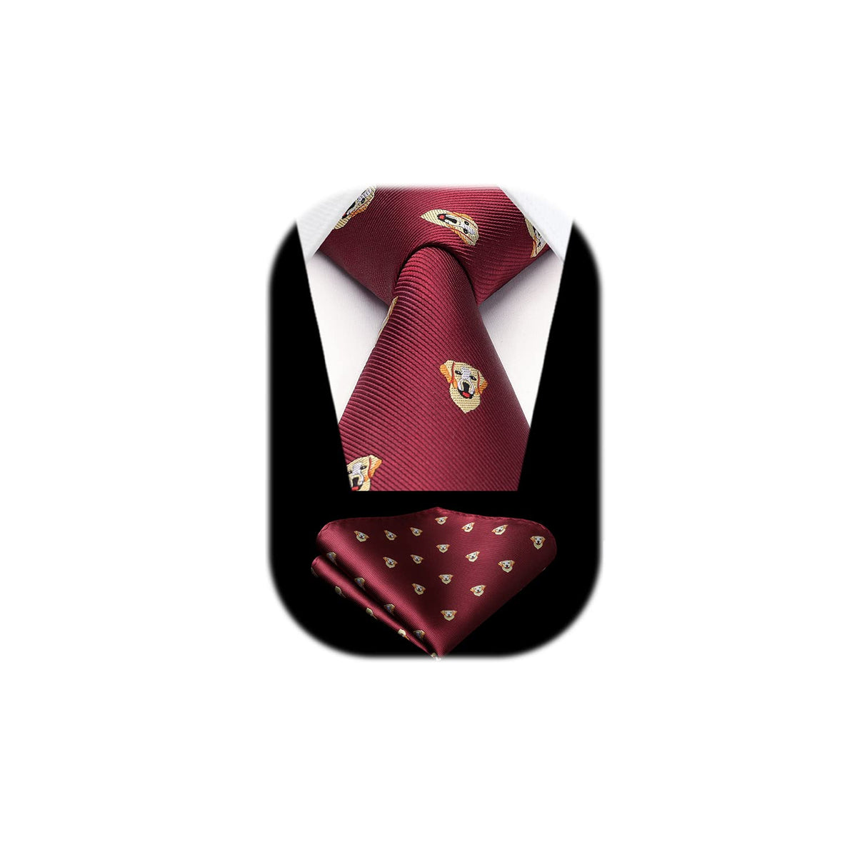 HISDERN Burgundy Tie for Men Dog Pattern Ties Handkerchief Novelty Animal Print Wedding Necktie & Pocket Square Set