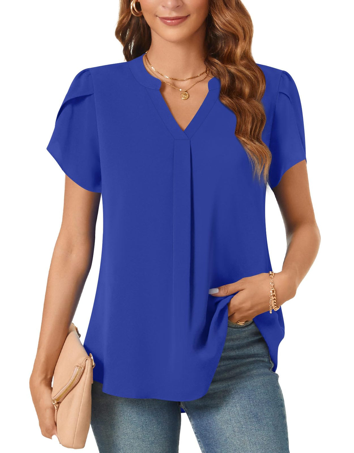 Aodemo Women's Summer Chiffon V Neck Blouses Tulip Short Sleeves Dressy Tunic Office Tops Casual Plus Size T-Shirts 2XL, Royal Blue