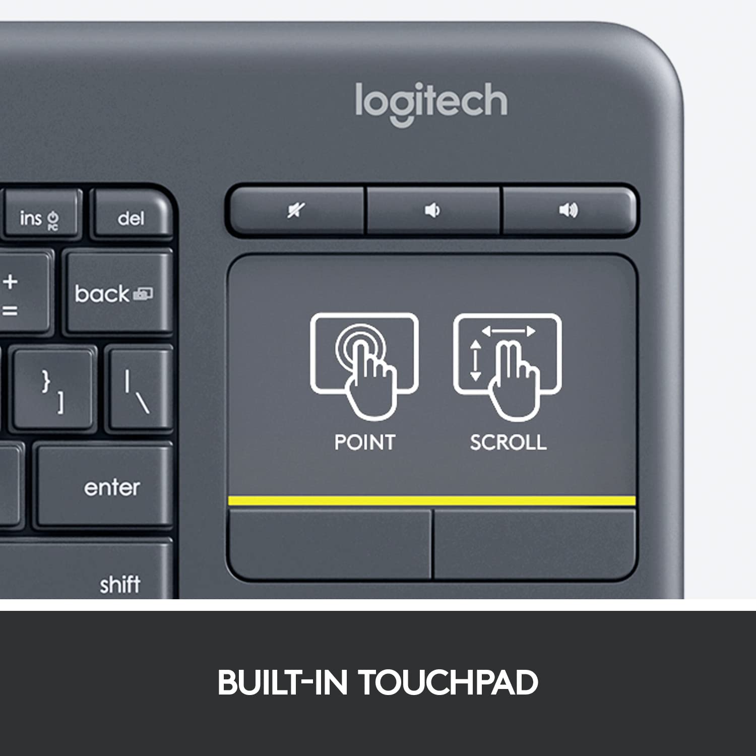 Logitech K400 Plus Wireless Touch TV Keyboard With Easy Media Control and Built-in Touchpad, HTPC Keyboard for PC-connected TV, Windows, Android, Chrome OS, Laptop, QWERTY UK English Layout - Black