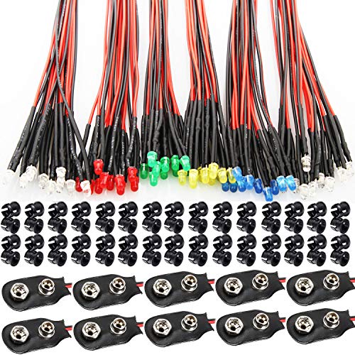 RUNCCI-YUN 60Pcs 3mm Pre Wired LED Diodes Light Ultra Bright -White Warm White Red Blue Green Yellow (10PCS X 6 Colors) and 60Pcs 3mm Plastic LED Holder LED Light Mounting Holdersand10pcs Battery clip