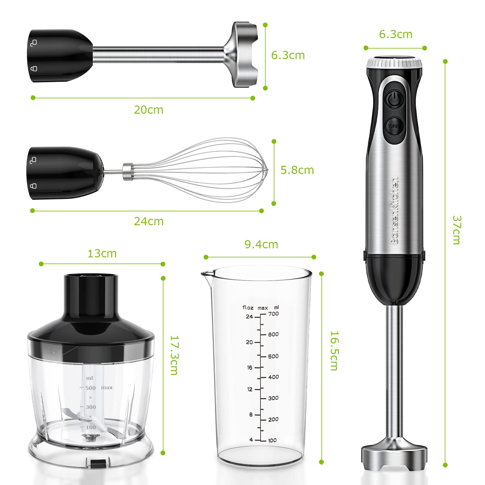 Bonsenkitchen Stainless Steel Hand Blender, 4-in-1 Stick Blender 1000W, 20 Speed Adjustable, with Whisk, 500ml Chopper and 700ml Measuring Cup, Food Processor (HB3203)