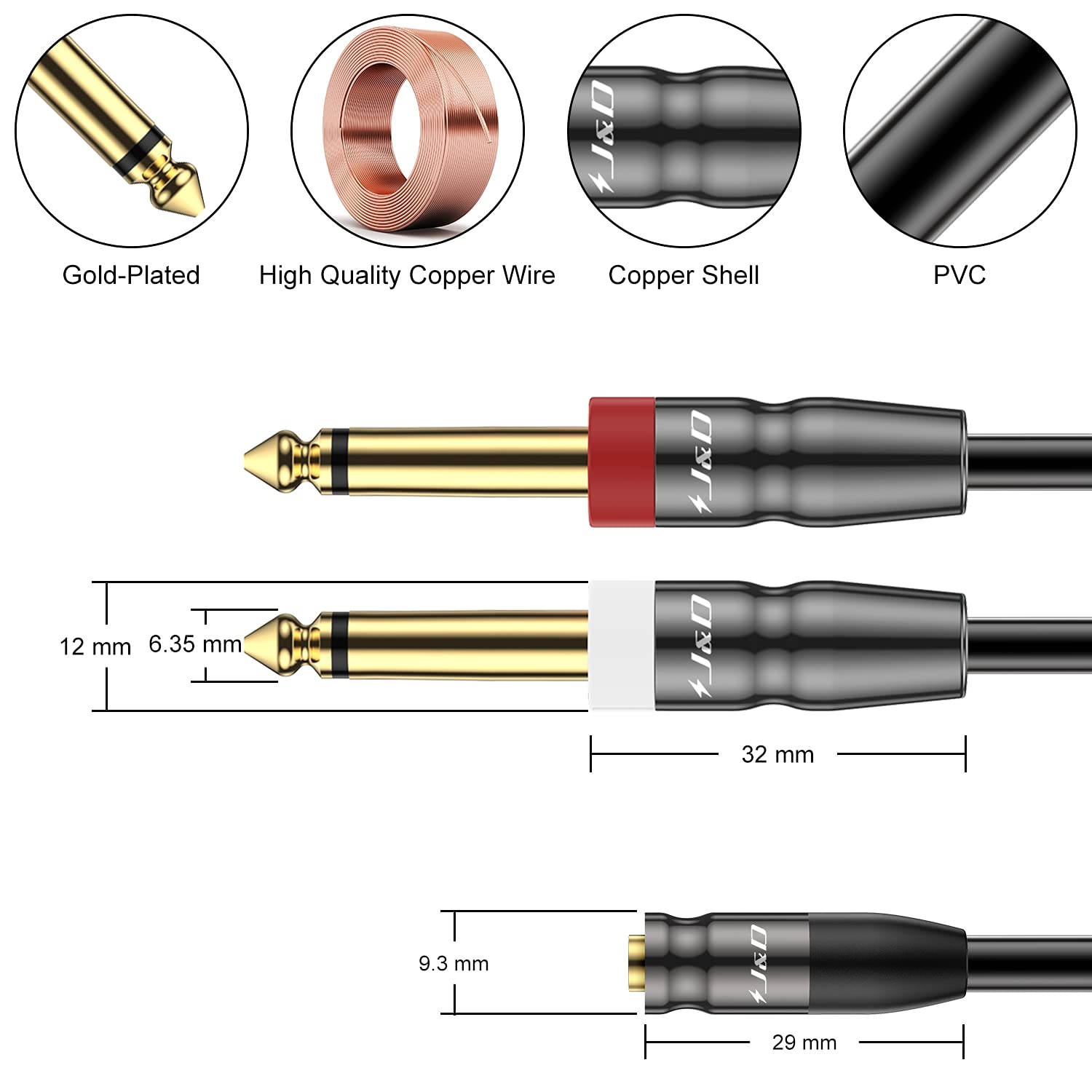 J&D 3.5mm TRS to Dual 1/4 in TS Cable, Heavy Duty 3.5 mm to 2 x 6.35 mm Cable 3.5 mm 1/8 female to 1/4 male Cord for Mixer Guitar Piano Amplifier Speaker, 0.9 Meter