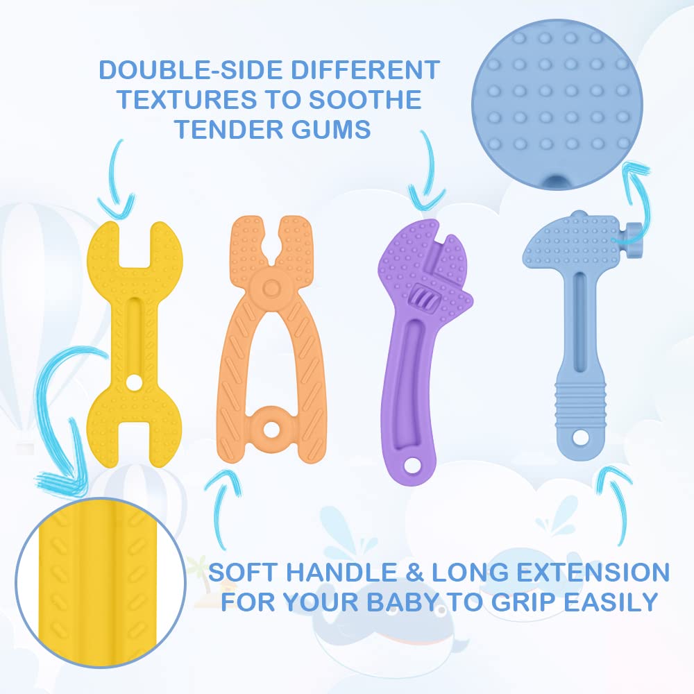 OSDUE 6 pcs Teething Toys，Baby Teething Toys Set for Stimulates and Massages Sore Gums，Soothing Teether with Anti-Lost Chain（BPA Free）