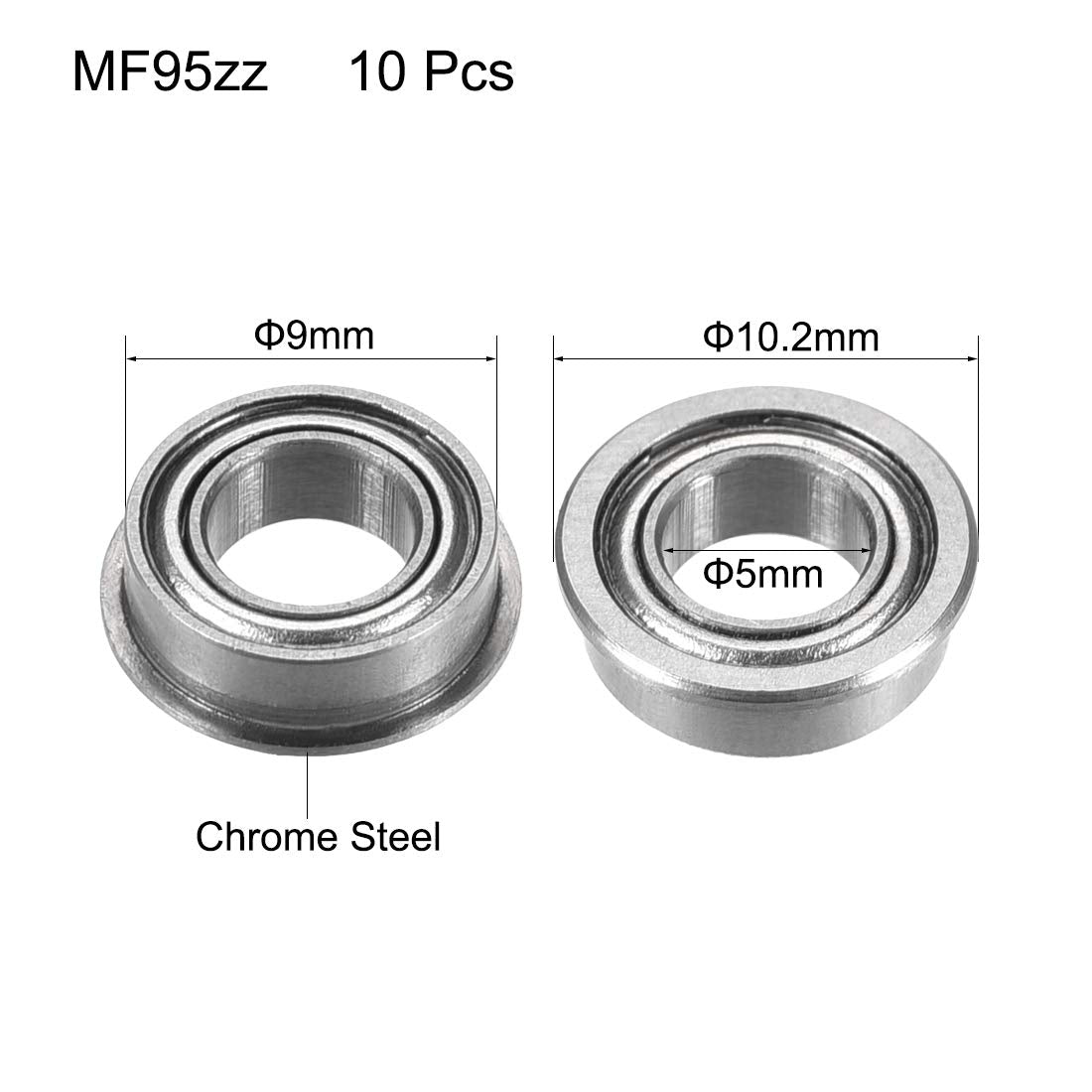 sourcing map MF95zz Flanged Ball Bearing 5x9x3mm Double Metal Shielded (GCr15) Chrome Steel Flange Rip Bearings 10pcs