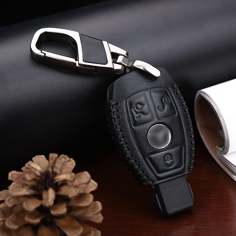 ontto Leather Car Key Fob Cover for For Mercedes Benz A B C E G K R S Class AMG CLA GLA VITO GLE ML GLK CLK Keyring accessories Key Case Remote key Shell key Holder keychain Protector 3 Buttons Black