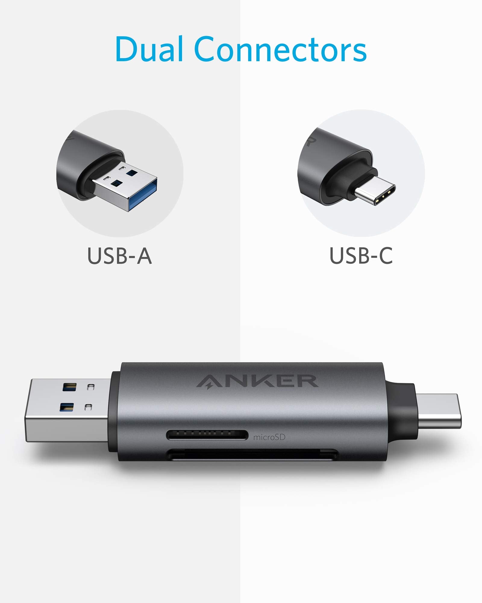 Anker USB-C and USB 3.0 SD Card Reader, PowerExpandand 2-in-1 Memory Card Reader with Dual Connectors, for SDXC, SDHC, SD, MMC, RS-MMC, Micro SDXC, Micro SD, Micro SDHC Card, and UHS-I Cards