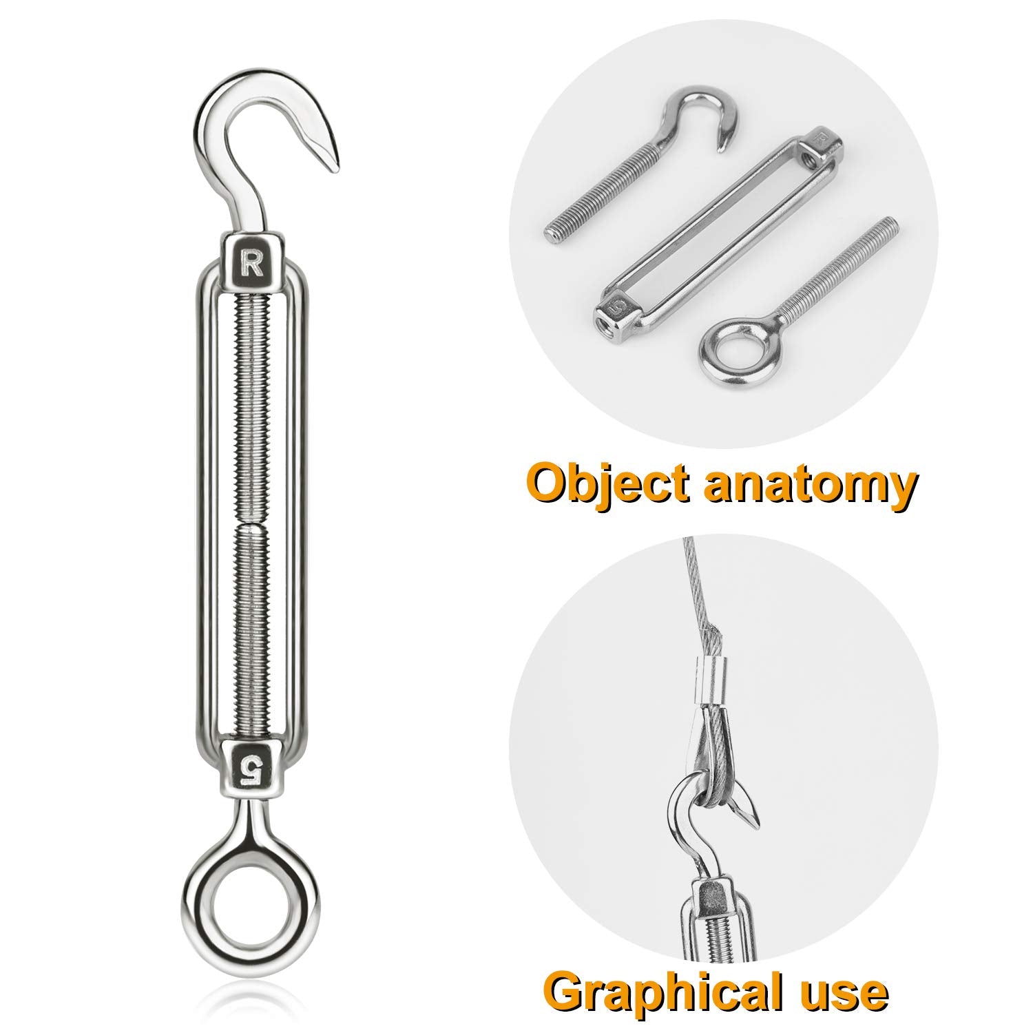 CHRORINE 5 Pcs Turnbuckle Wire Tensioner M5 Adjustable Turnbuckle Stainless Steel Hook Eye Rope Cable Tension