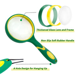 Magnifying Glass 4X-5X Large Handheld Magnifier with Cleaning Cloth - 75mm Thickened Lens Frame Non-Slip Soft Rubber Handle for Seniors Reading Kids Observation Classroom Science Tool Green OS04