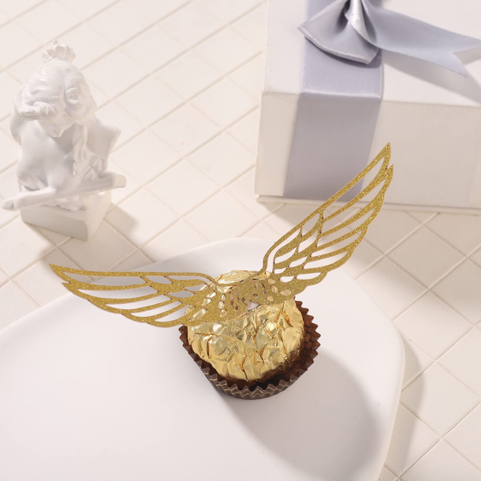 Bestomrogh 50Pcs Golden Glitter Wings Chocolate Decoration,Gold Snitch Wings Wizard Party Chocolate Decoration Cupcake Toppers Gold Wings Decor Cupcake Toppers