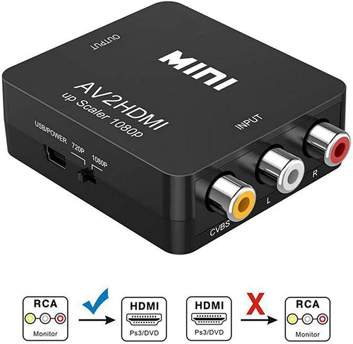 XPMY RCA to HDMI Adapter, AV to HDMI Converter, 1080P to HDMI CVBS AV Composite Video Audio Adapter for PC Laptop Mini Xbox PS2 PS3 TV STB VHS VCR Camera DVD