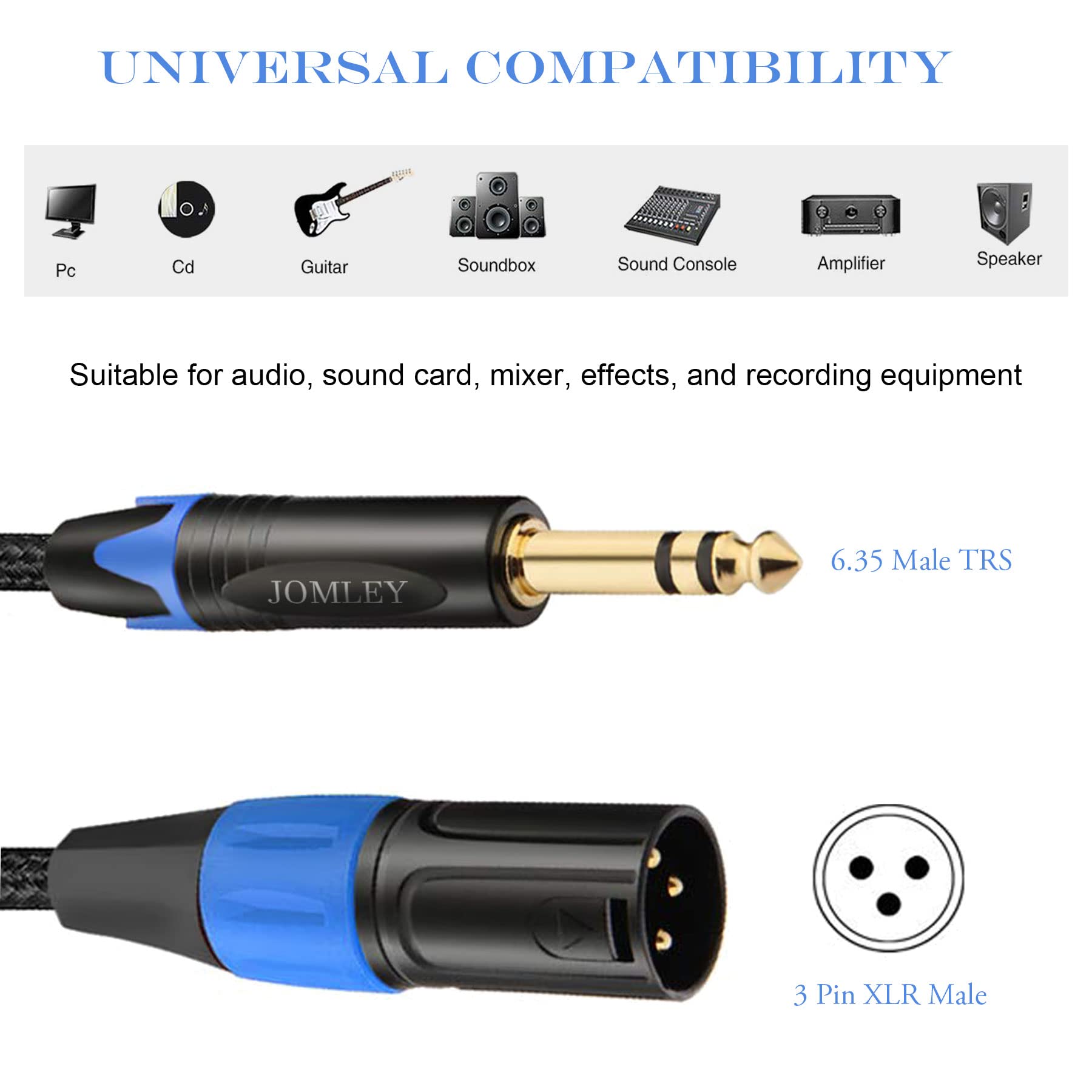 JOMLEY XLR to 6.35mm Jack Cable, 1/4 inches TRS to XLR Male Stereo Balanced Cable, 6.35mm TRS to XLR Male Interconnect Cable Nylon Braided 3-Pin Interconnect Patch Cord - 2M/6.6ft