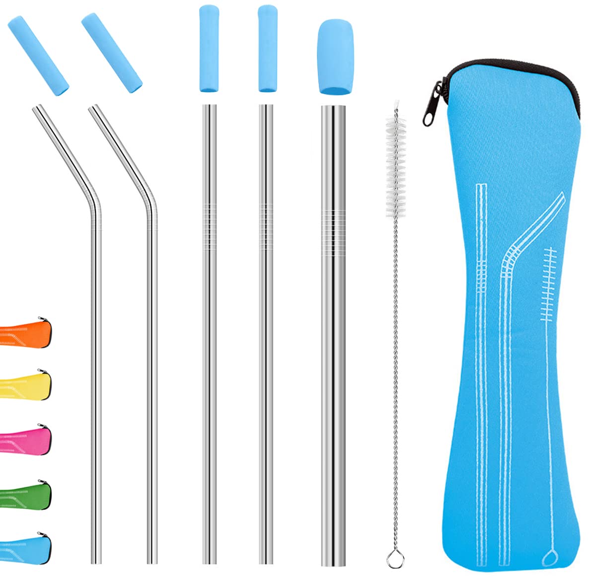 Uoking Metal Straw, 5 Pack Stainless Steel Straws Friendly Drinking Reusable Straw with Silicone Tips Cover & 1 Cleaning Brushes (Blue)